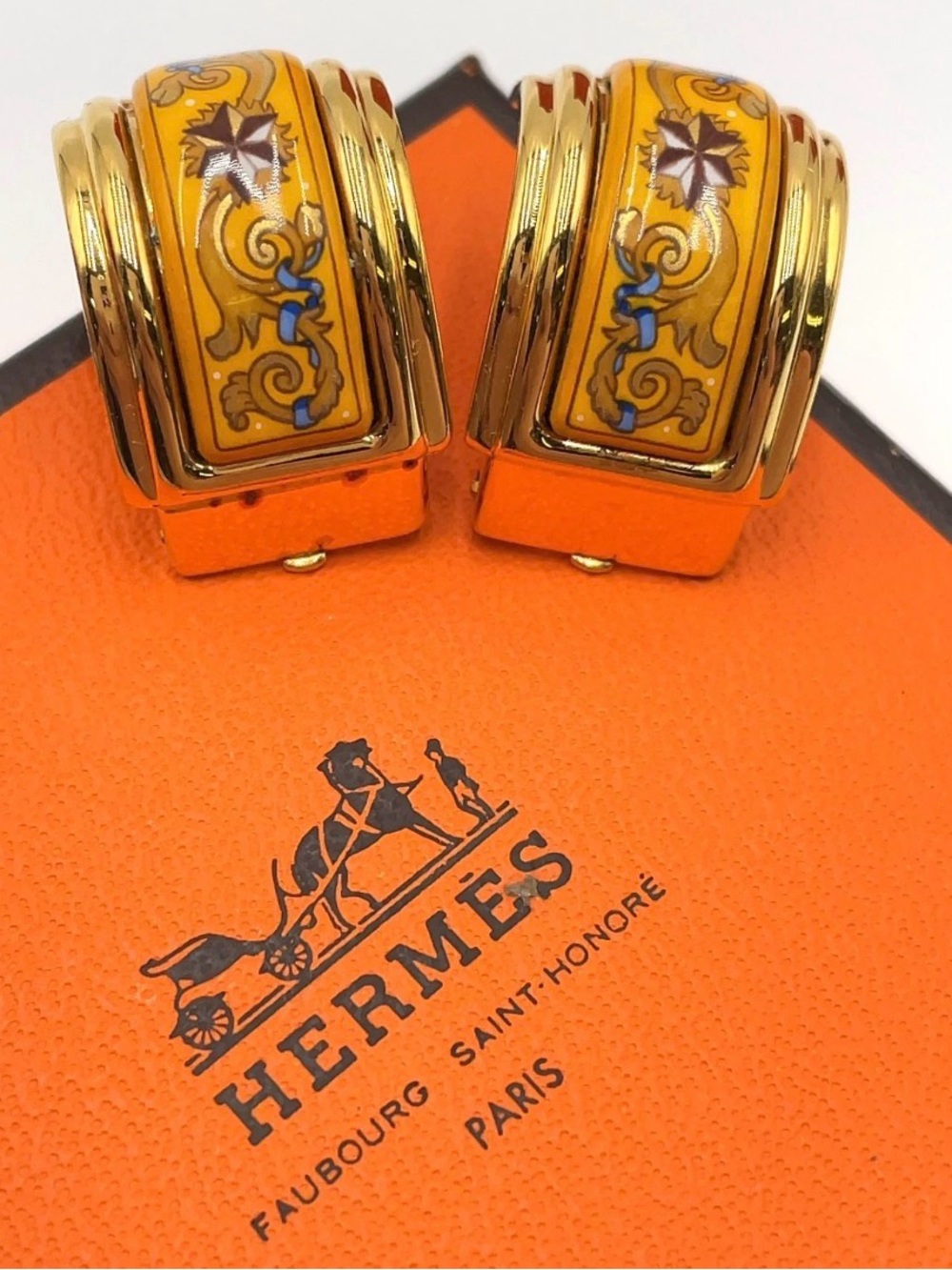Hermès Enamel Cloisonné Earrings Gold Plated For Women Vintage w/ Box